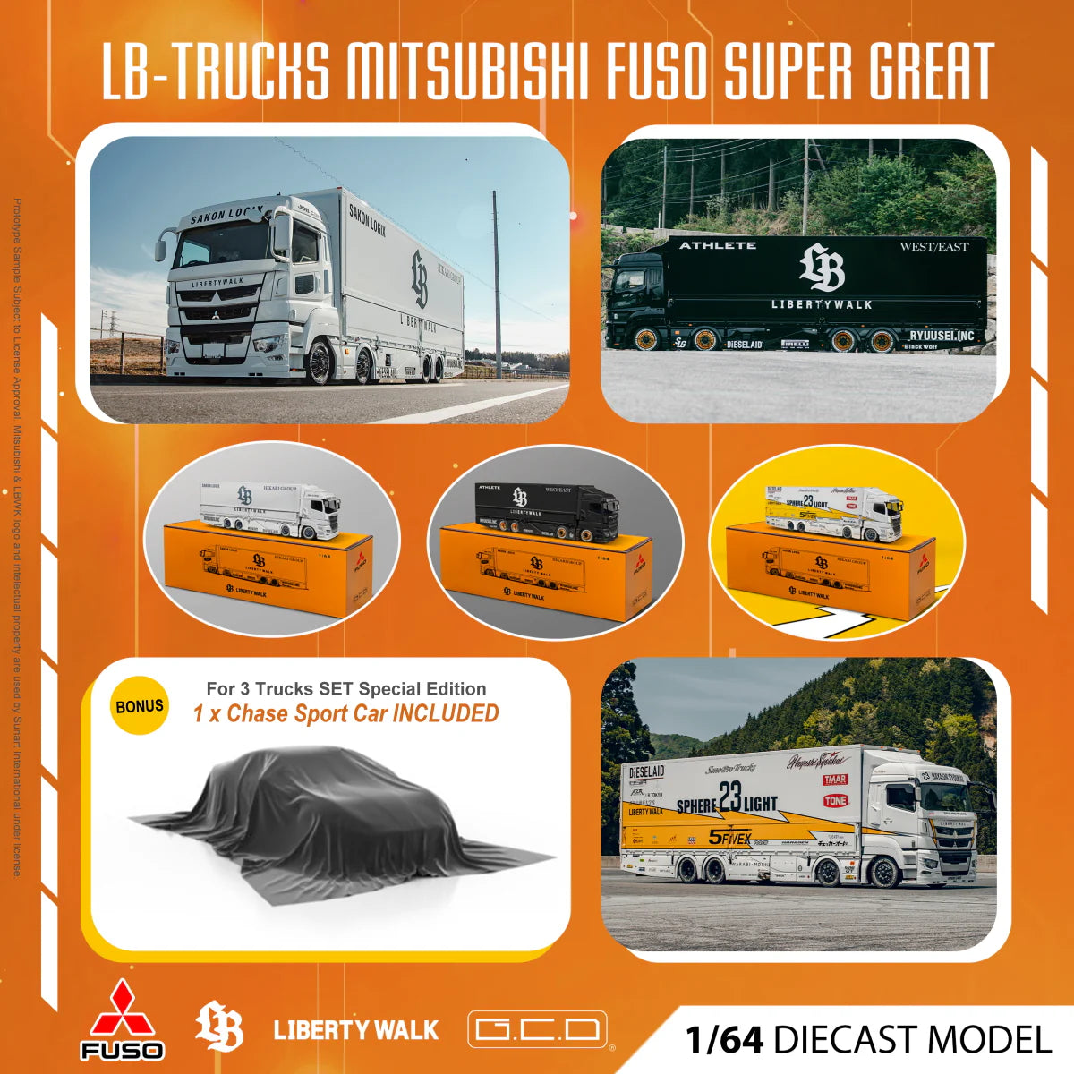 GCD 1:64 LBWK Mitsubishi Fuso Super Great Transport Truck 3 Cars