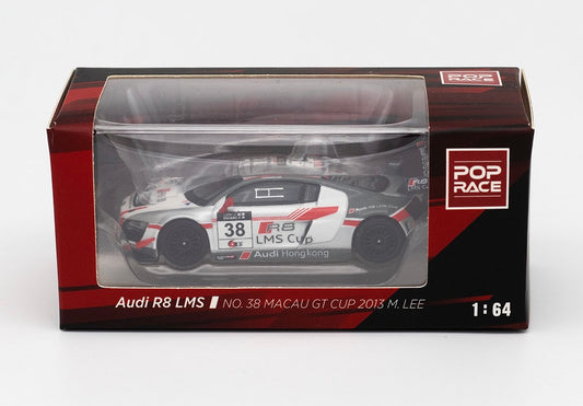 AUDI R8 LMS No.38 MACAU GT CUP 2023 Model car in packaging with Audi R8 LMS branding on a white background