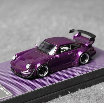 Purple model car on a display stand with a gray background