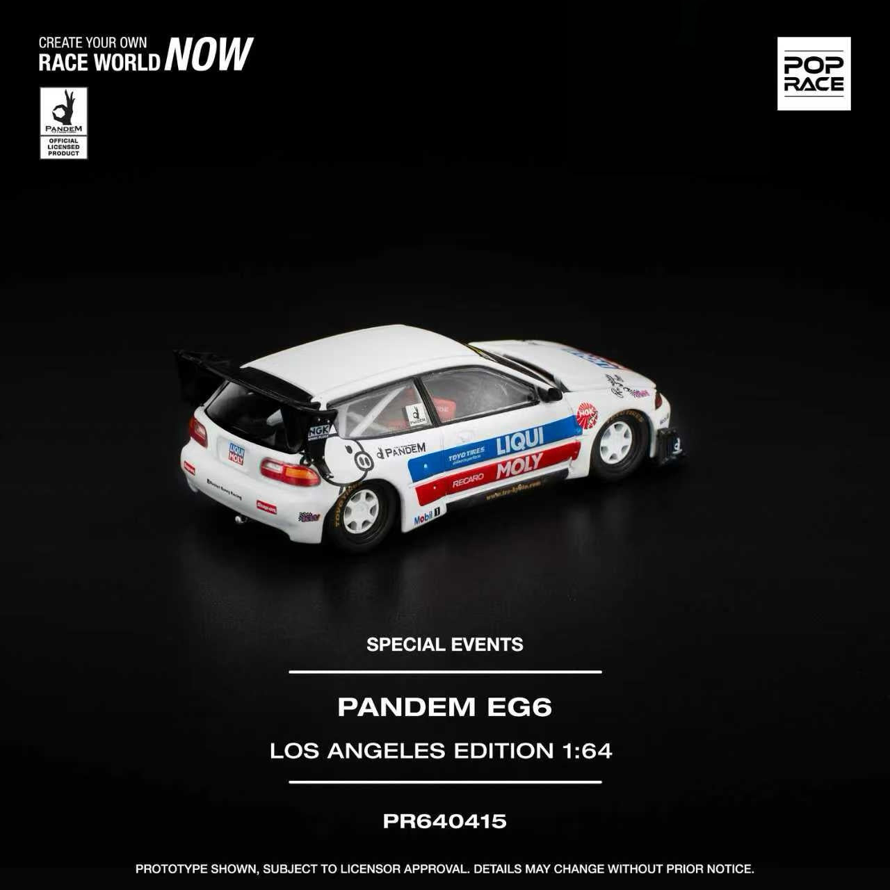 Model race car with branding on a black background, featuring 'Pop Race' and 'Pandem'.