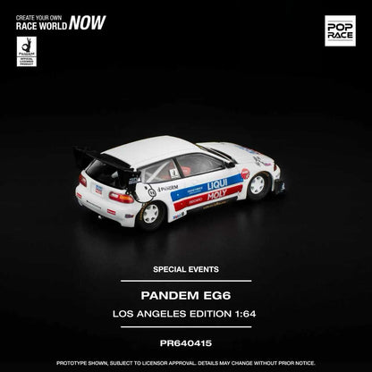 Model race car with branding on a black background, featuring 'Pop Race' and 'Pandem'.