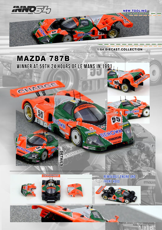Model of a Mazda 787B race car with branding and details on a promotional poster.