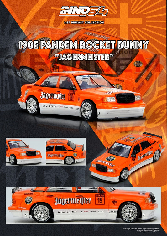 190E Pandem Rocket Bunny Jagermeister model car with promotional text and branding.