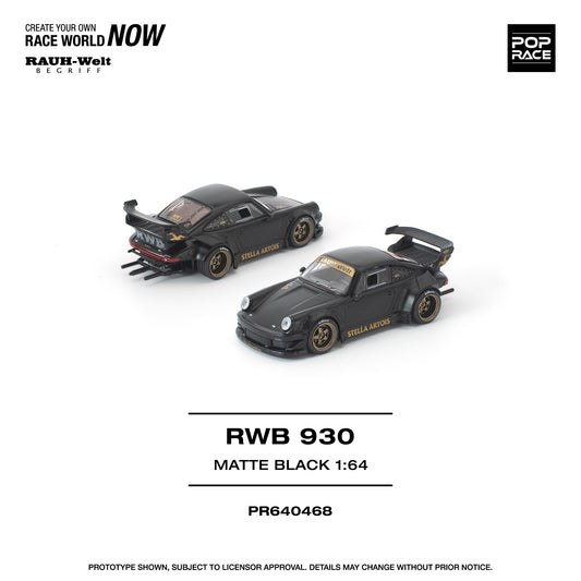 Two matte black model cars, RWB 930, on a white background with branding text.