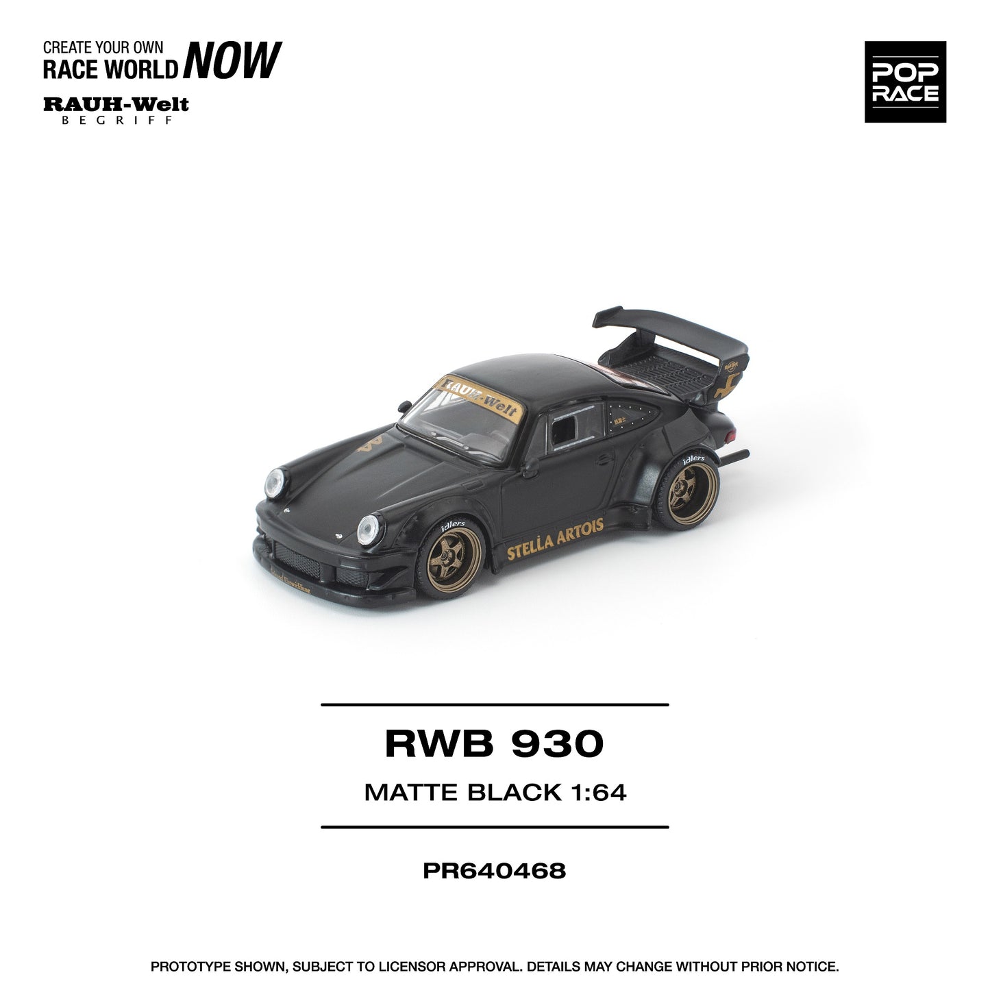 Model car of a black Porsche RWB 930 on a white background with branding and product details.