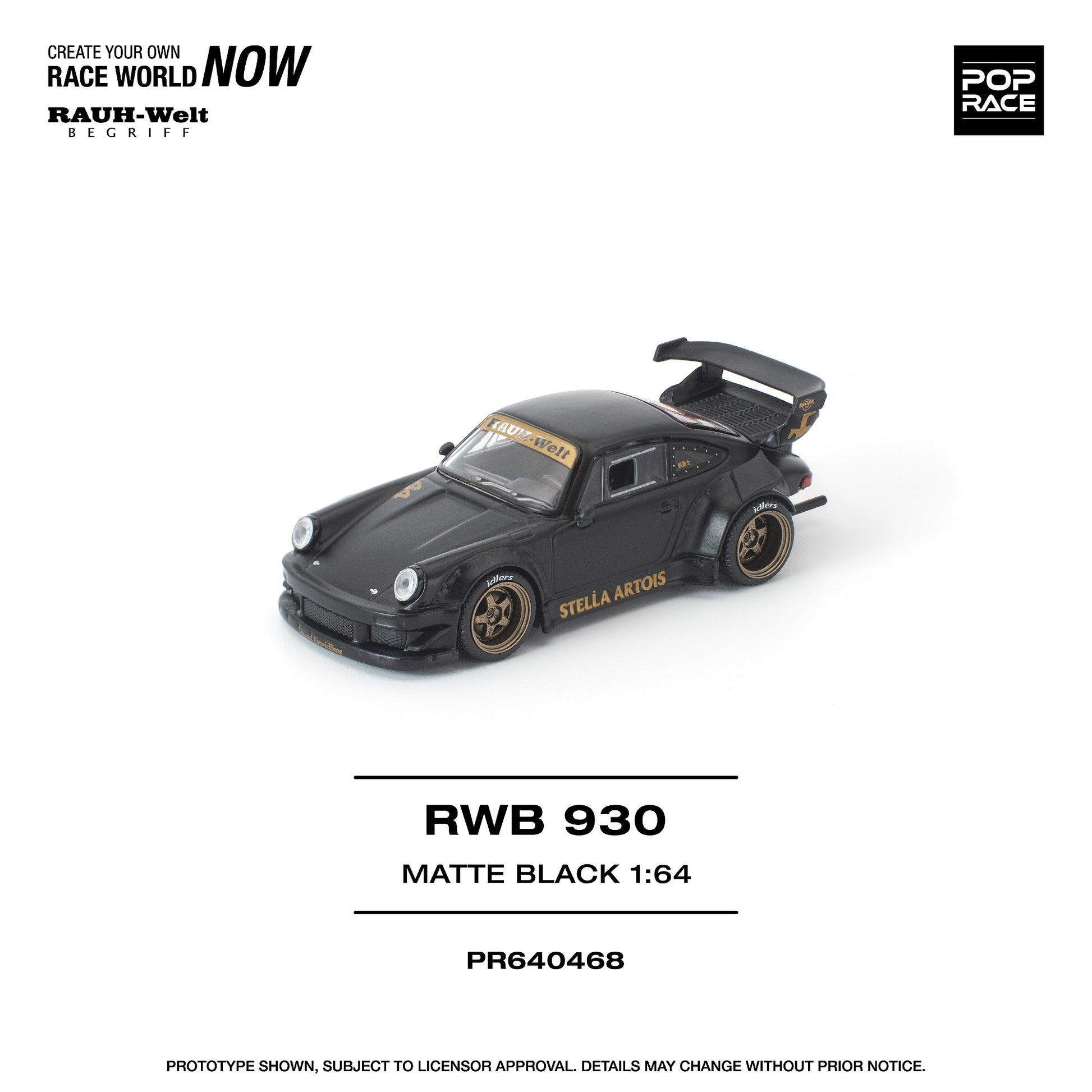 Model car of a black Porsche RWB 930 on a white background with branding and product details.