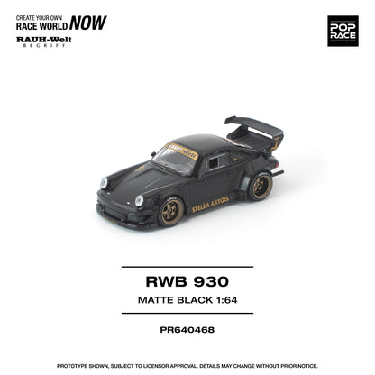 Model car of a black Porsche RWB 930 on a white background with branding and product details.