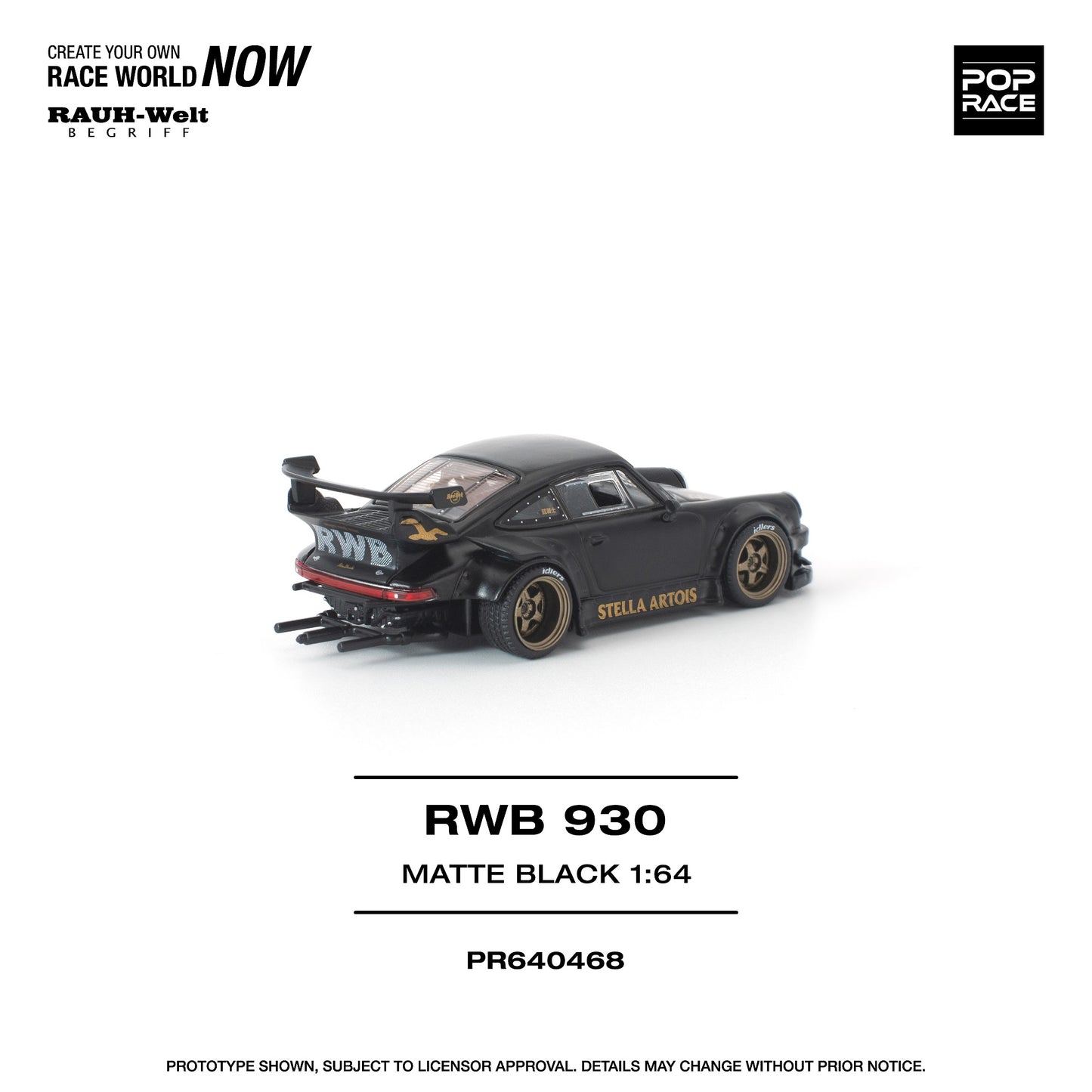 Model car with 'RWB' branding on a white background, featuring 'Pop Race' and 'RAUH-Welt BEGRIFF' logos.