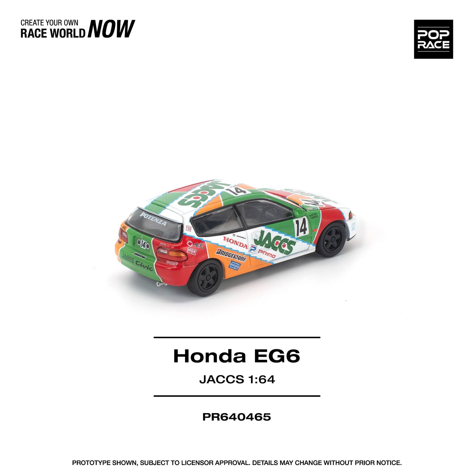 Model car of a Honda EG6 with colorful livery on a white background, featuring branding and model details.