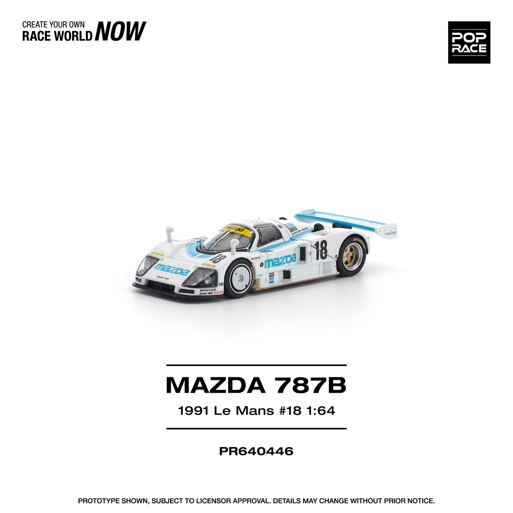 Model of a Mazda 787B race car from 1991 Le Mans on a white background with 'Pop Race' branding.