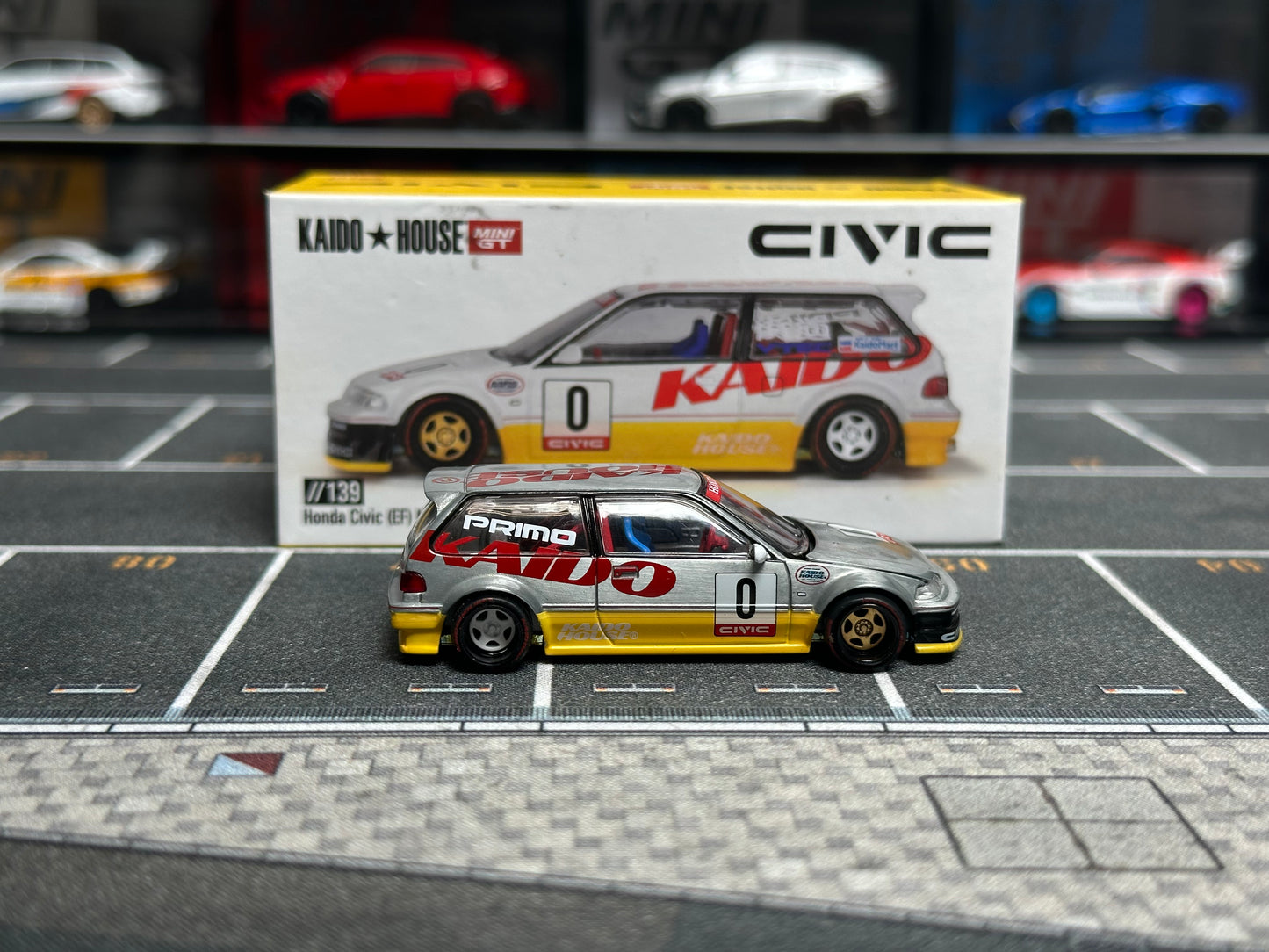(Defective) [Chase] Kaido House x Mini GT 1:64 Honda Civic (EF) Kanjo V1 – White/Yellow KHMG139