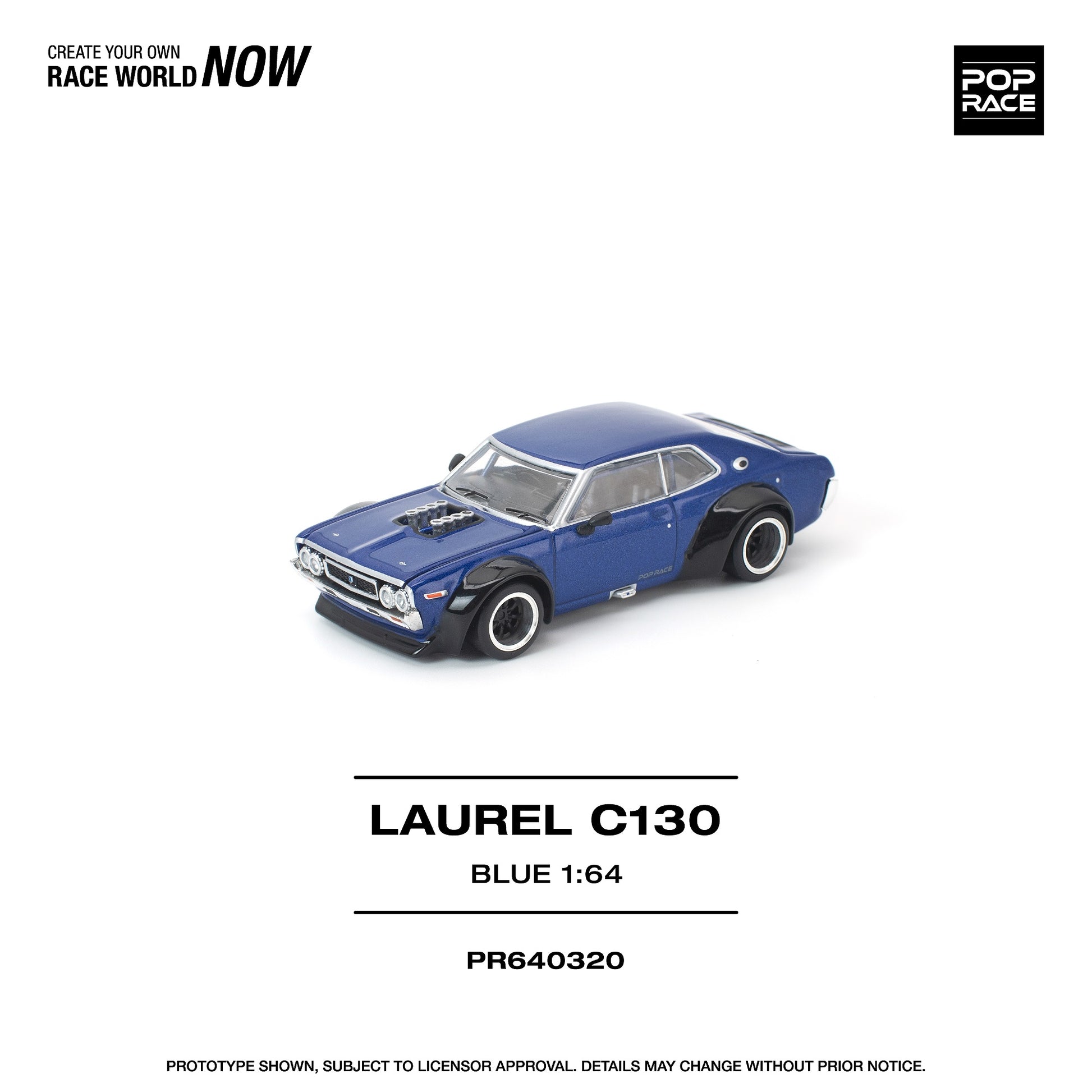 Blue model car Laurel C130 on a white background with branding text.