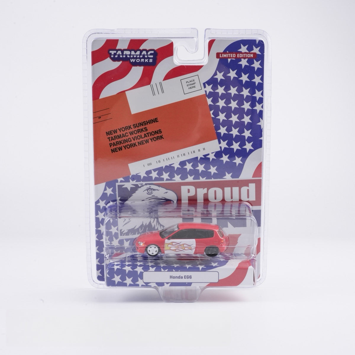 Model car in packaging with American flag design and Tarmac Works branding