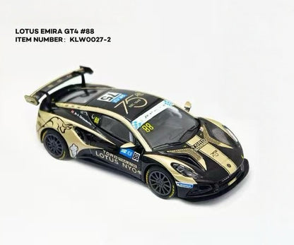 Model car of a Lotus Emira GT4 on a white background