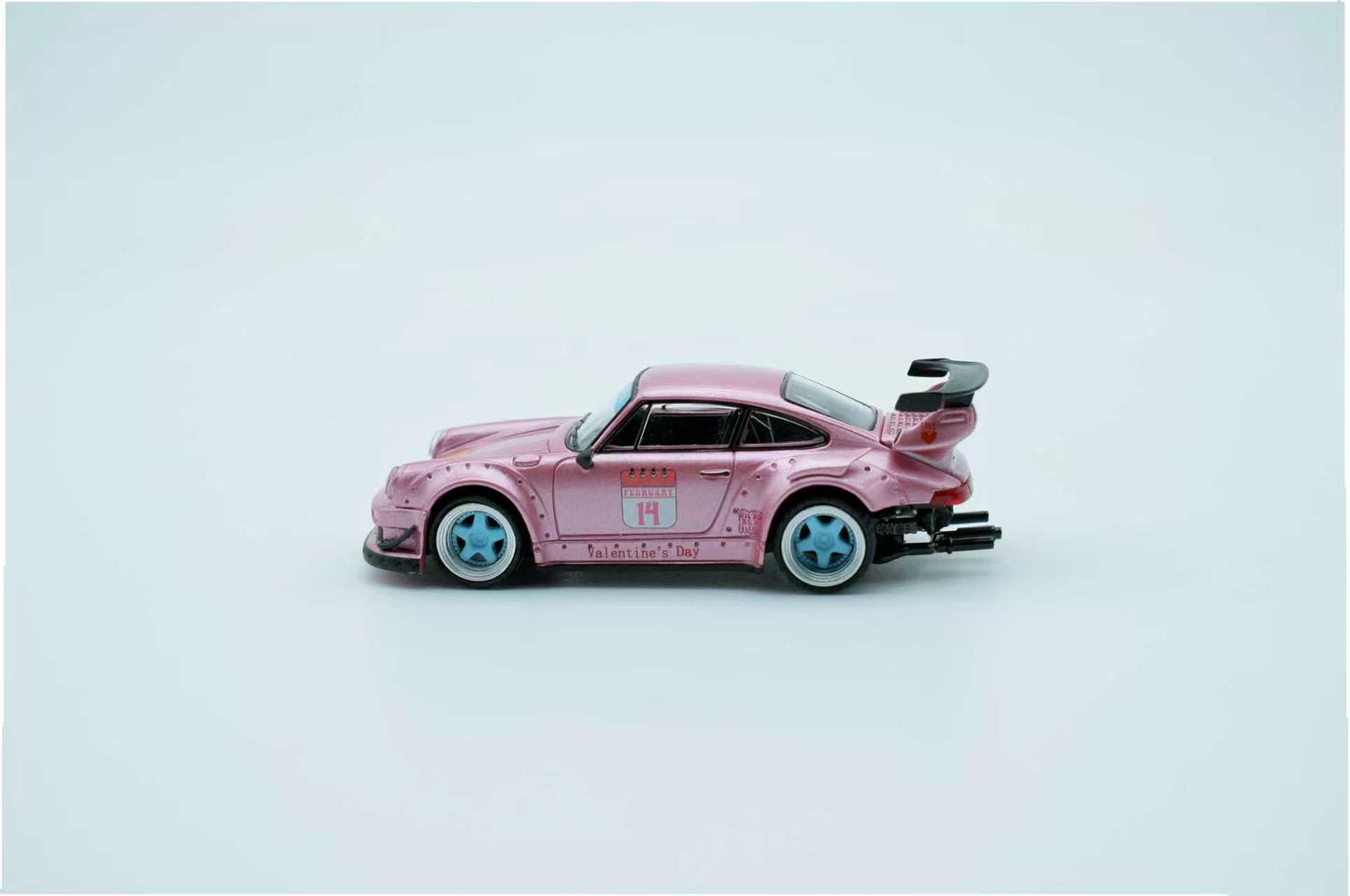 Pink toy car with black accents on a light gray background