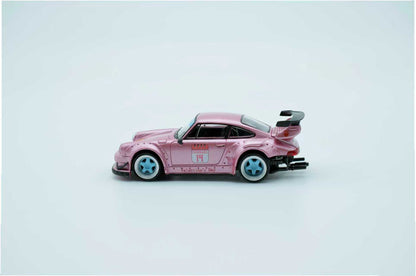 Pink toy car with black accents on a light gray background