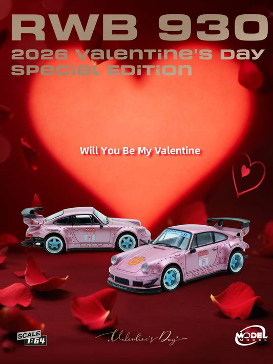 Model car set with pink finish and heart design on a red background, labeled 'RWB 930 2026 Valentine's Day Special Edition'.