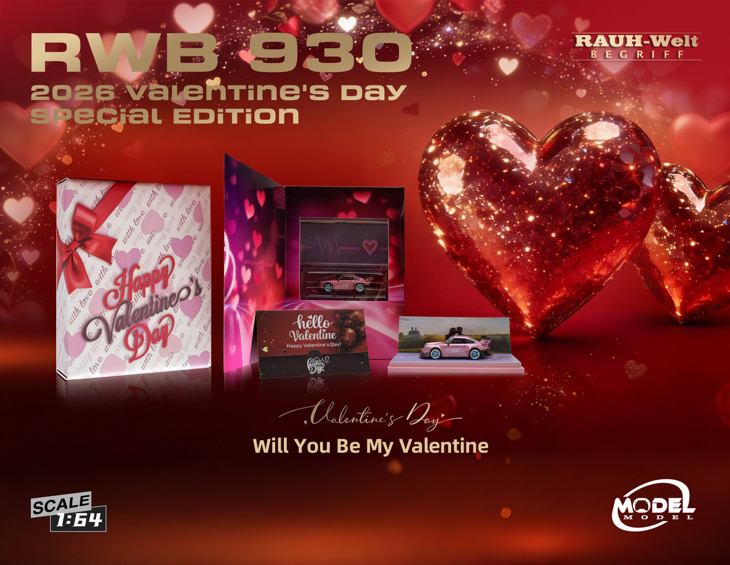 Valentine's Day themed model car gift set with heart-shaped packaging and decorative elements.