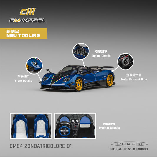 Model car of a Pagani with detailed features on a gray background, featuring the CM-Model brand.