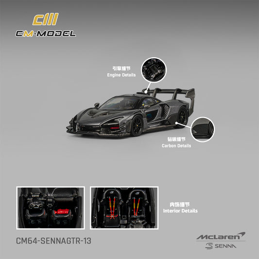 Model car of McLaren Senna with detailed features on a gray background, featuring the CM Model brand.