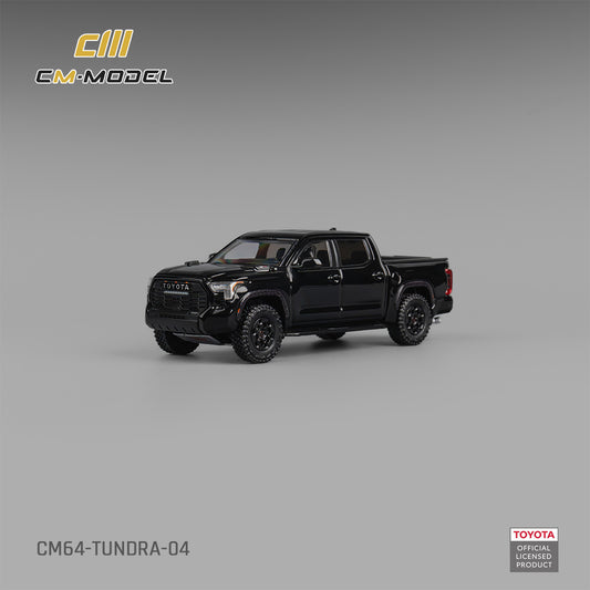 Black Toyota Tundra model truck on a gray background with CM Model branding.