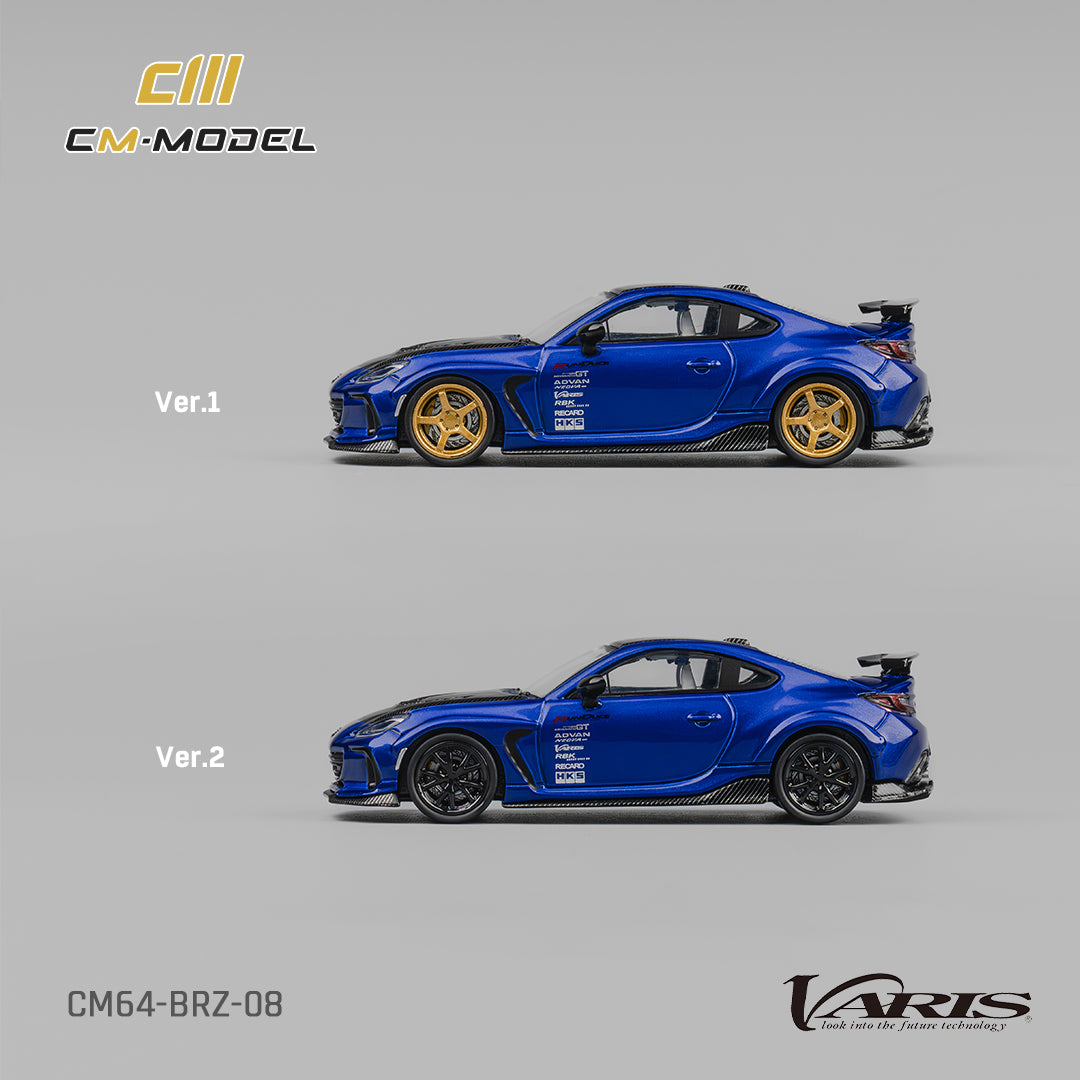 two model cars with Subaru BRZ Varis Widebody Blue 64 scale model made by cm model