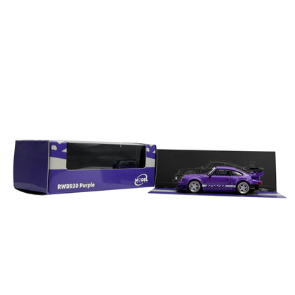Model car in a display case with a purple color scheme on a white background