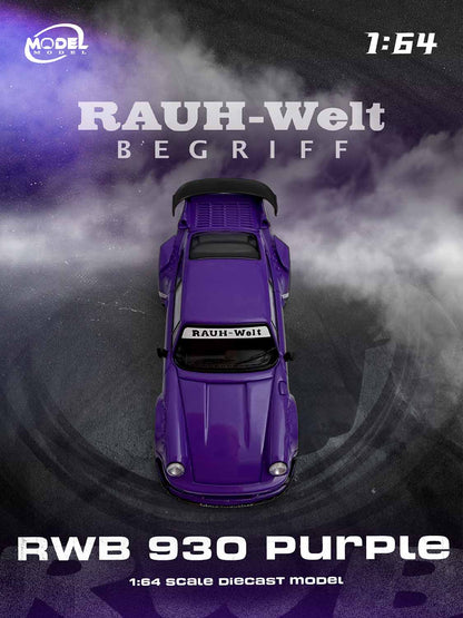 Model car of Rauh-Welt Begriff RWB 930 Purple on a dark background with smoke effect.