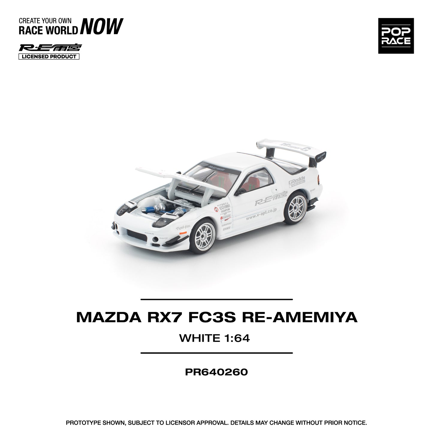 Model car of Mazda RX7 FC3S RE-Amemiya in white on a white background with branding and product details.