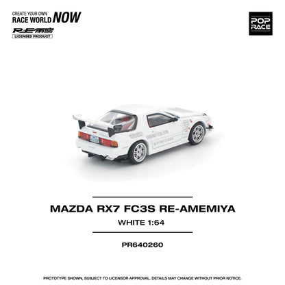 Model car of Mazda RX7 FC3S RE-Amemiya in white on a white background with branding and product details.