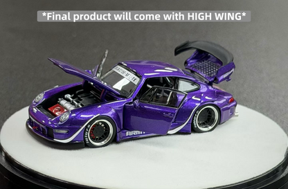 Purple model car with open doors on a gray background