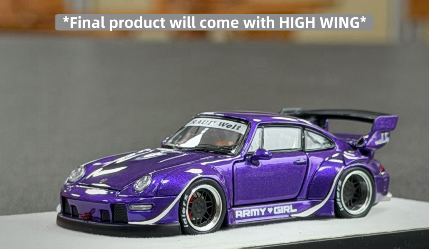 Purple model car with a high wing on a gray background