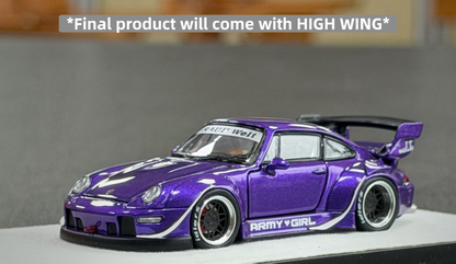 Purple model car with a high wing on a gray background