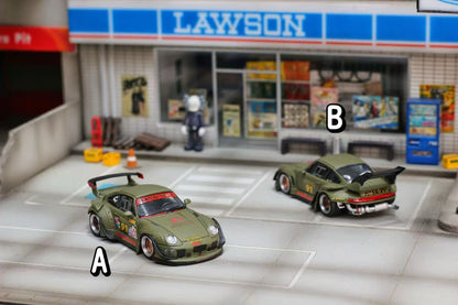 Two model cars in front of a Lawson store with labels A and B.
