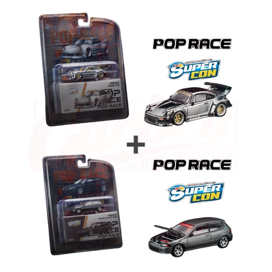 Two model car packages with cars inside, featuring 'Pop Race' and 'Super Con' logos on a white background.