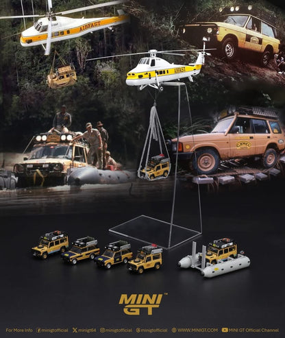 Model vehicles and helicopters on a dark background with 'MINI GT' branding.