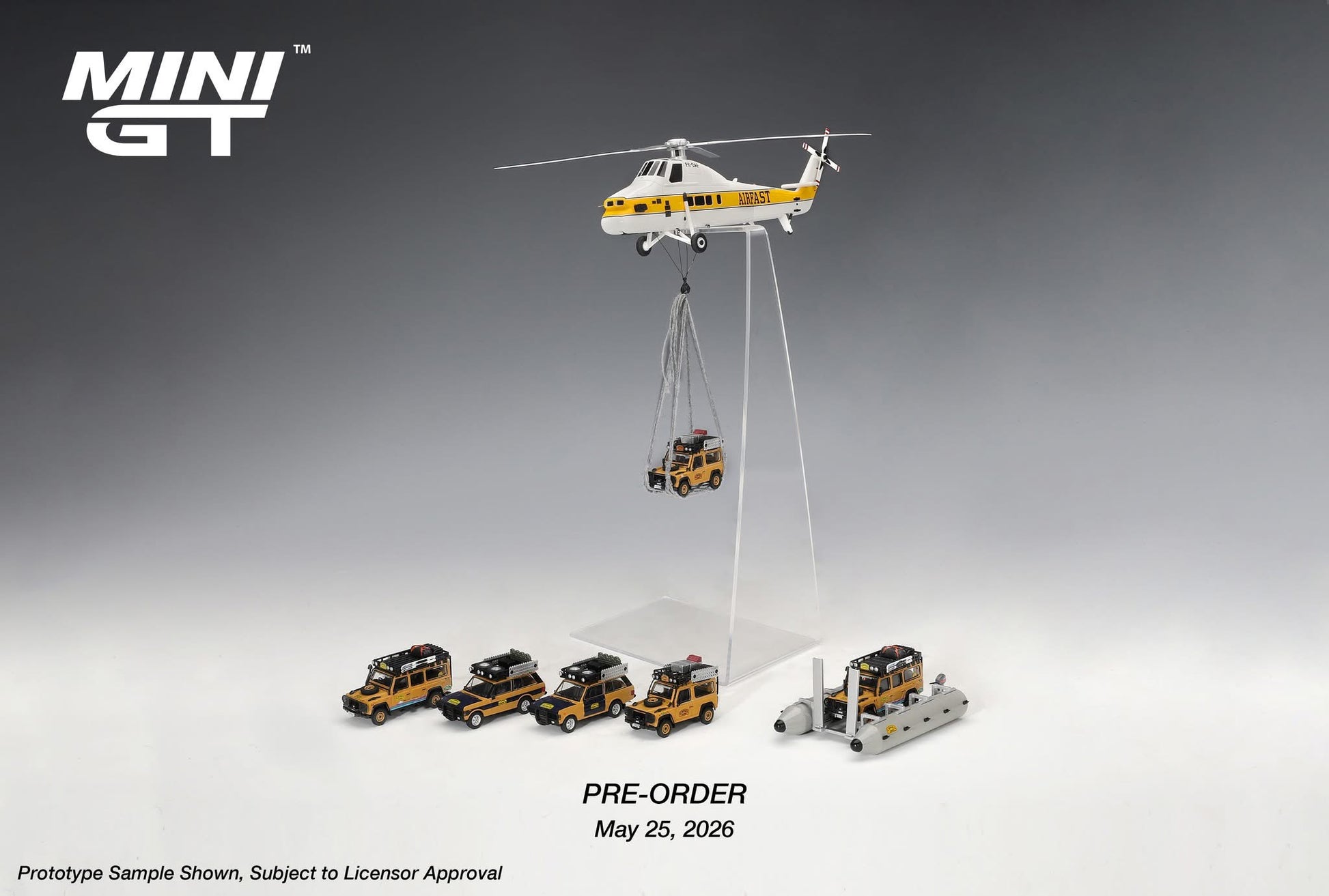 Model helicopter and cars on a stand with 'MINI GT' branding on a gray background.