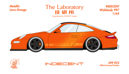 Orange car model with 'Indecent' branding on a white background