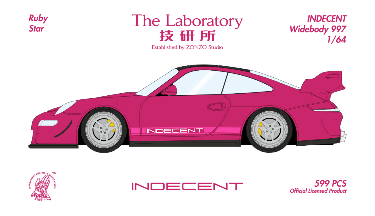 Model car kit packaging for 'Indecent Widebody 997' with branding and specifications.