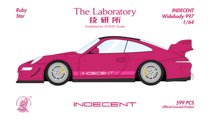 Model car kit packaging for 'Indecent Widebody 997' with branding and specifications.
