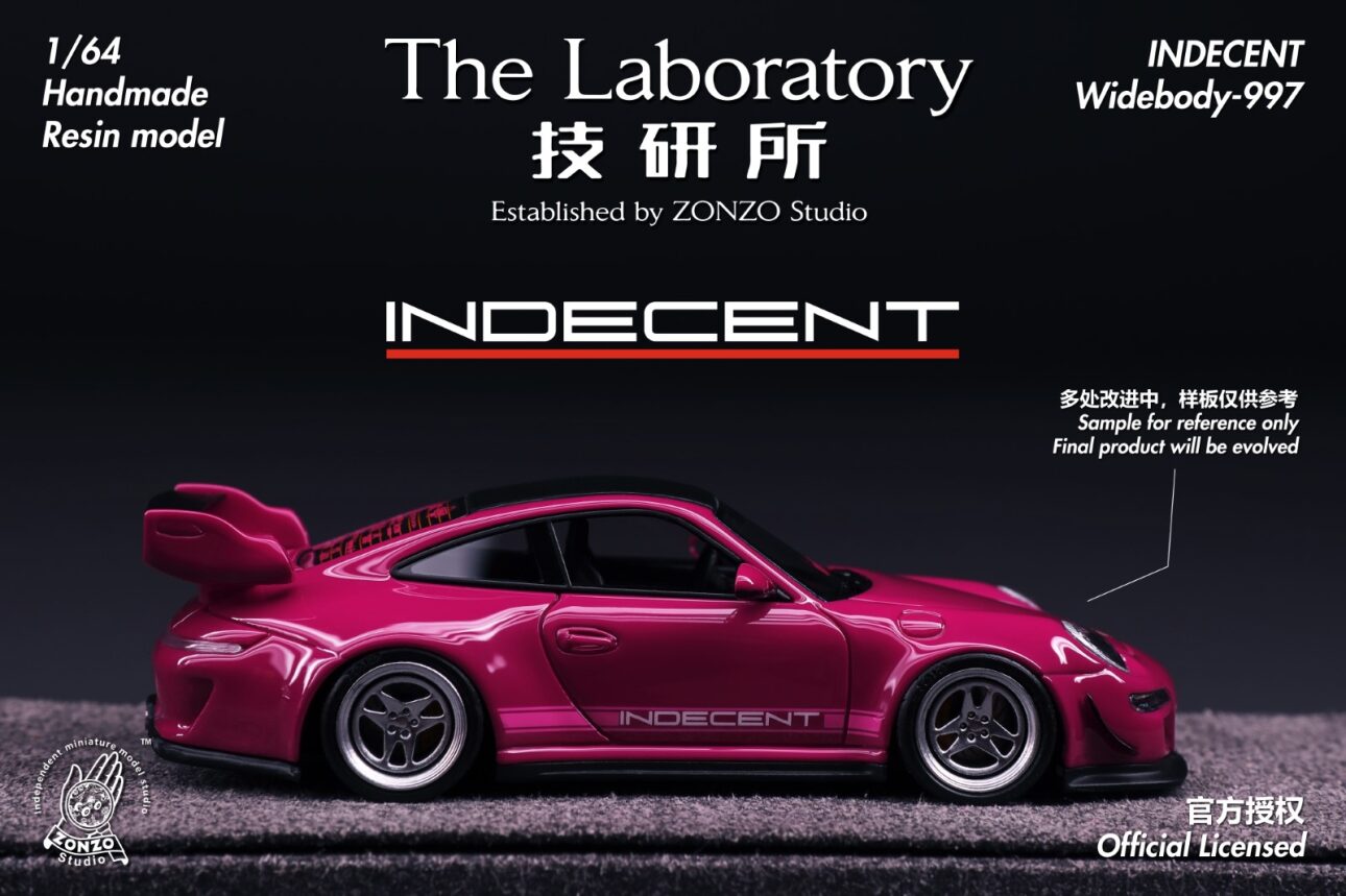 Pink car model with 'Indecent' branding on a dark background