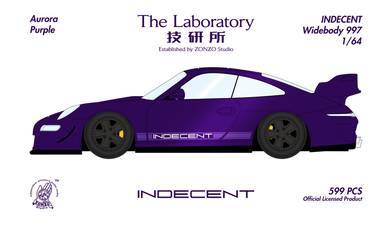 Purple sports car model with branding on a white background