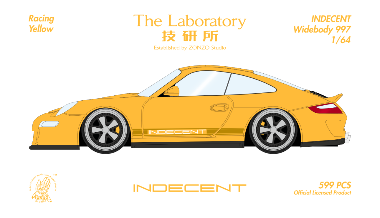 Yellow sports car model with 'Indecent' branding on a white background