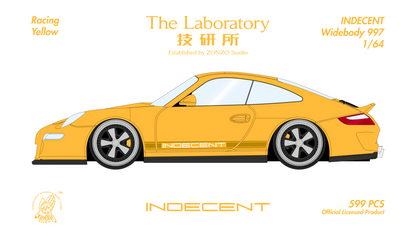 Yellow sports car model with 'Indecent' branding on a white background