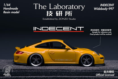 Yellow model car with 'Indecent' branding on a dark background