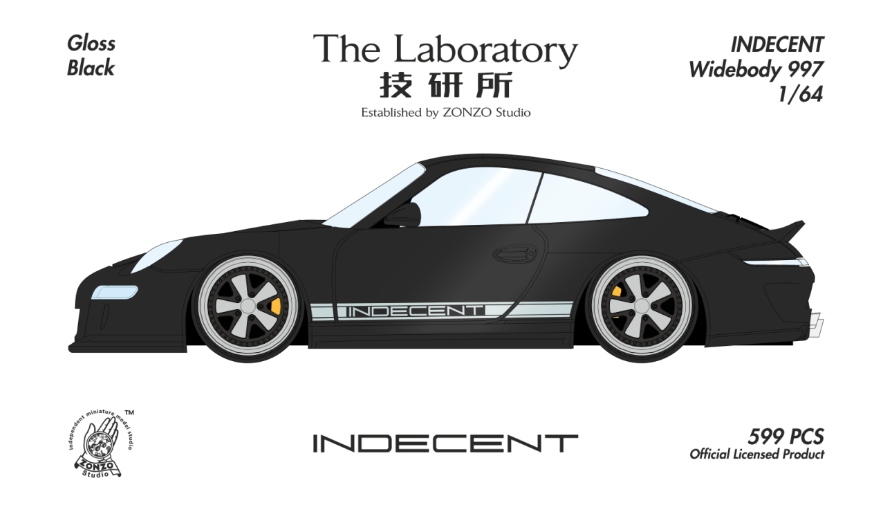 Model car kit packaging for 'Indecent Widebody 997' with branding and product details.