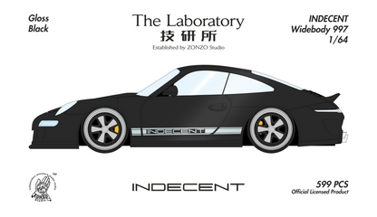 Model car kit packaging for 'Indecent Widebody 997' with branding and product details.