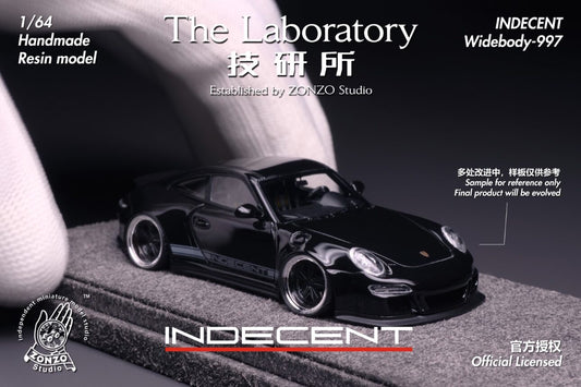 Model car of a black sports car on a gray surface with 'INDECENT' branding.