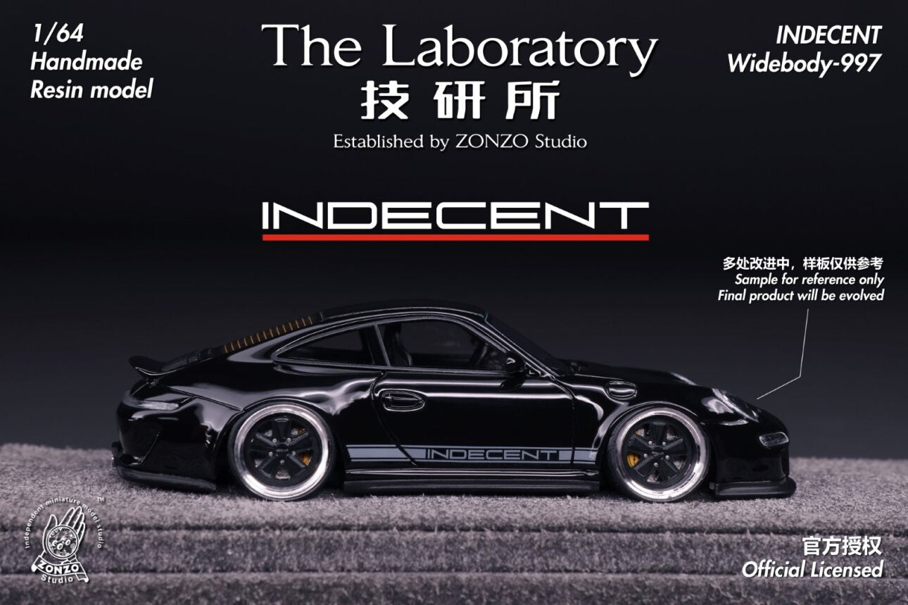 Model car with 'Indecent' branding on a dark background, featuring text about ZONZO Studio.