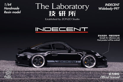 Model car with 'Indecent' branding on a dark background, featuring text about ZONZO Studio.
